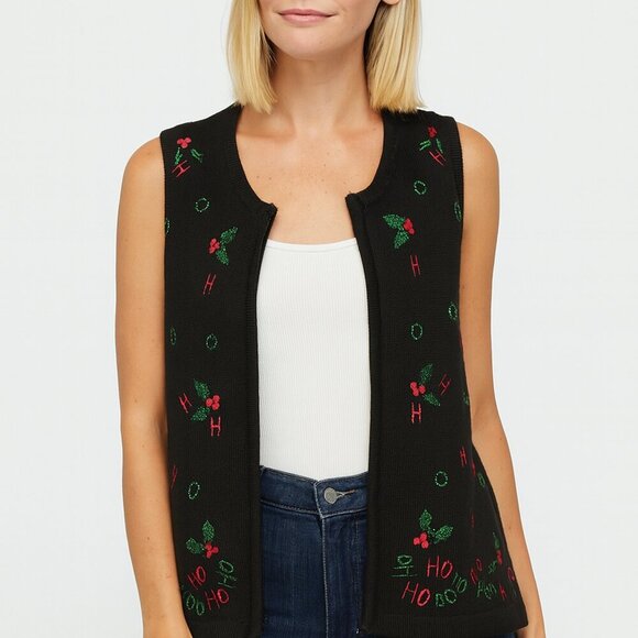 Bechamel Christmas Vest Size Large Black Holly Berries Sleeveless Cottagecore - Picture 9 of 9